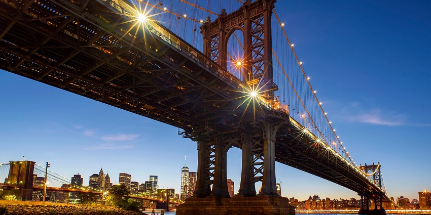 Brooklyn Bridge in New York with a clear sky and city skyline in the background