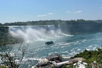 An image of Niagara Falls cascading powerfully with mist rising, viewed from the Ontario side, Canada