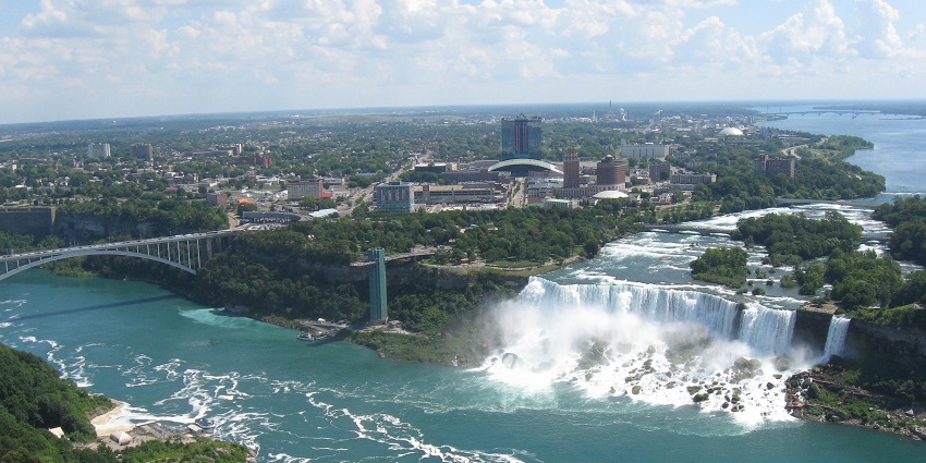View of Niagara Falls from Skylon Tower, showing the falls and surrounding landscape.