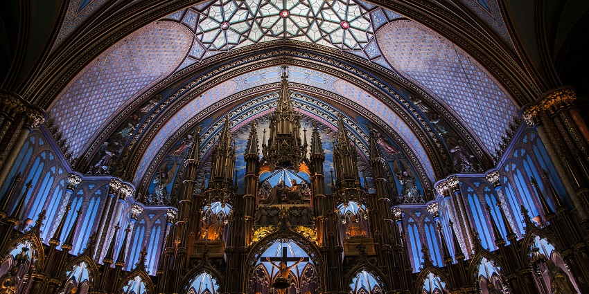 Notre-Dame Basilica with dome like structure, intricate architecture and stained glass