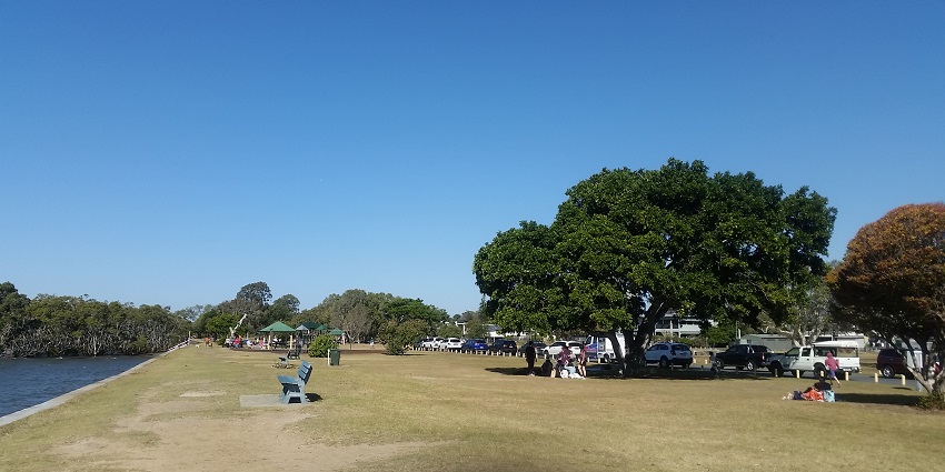 Benches and places to sit at Nudgee Beach, a beach in Brisbane in Australia