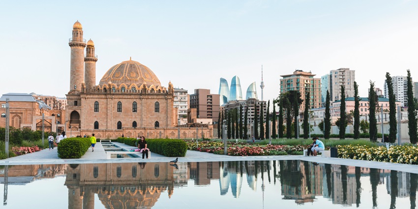 Panoramic snapshot of a beautiful blue mosque in the city of Azerbaijan