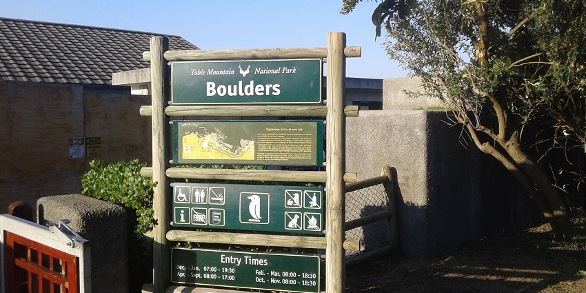 Image of Beach board sign at the entrance of Boulders beach with green surroundings and clear blue sky