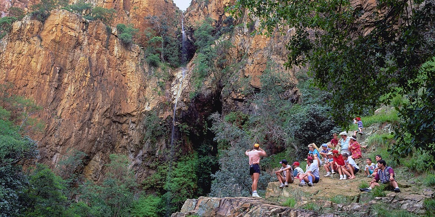 View of group of people hiking .