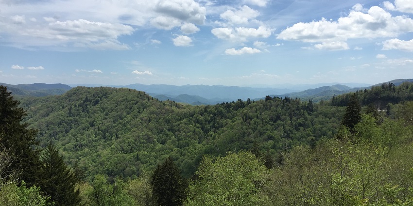 View south from Newfound Gap, showing the mountainous landscape in the Great Smoky Mountains