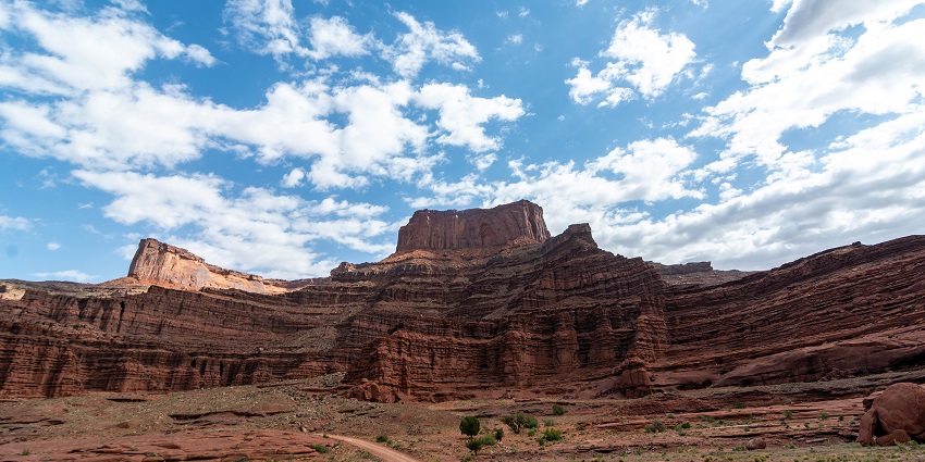 A vast desert landscape in Canyonlands National Park with rocky cliffs and deep canyons under a clear blue sky.