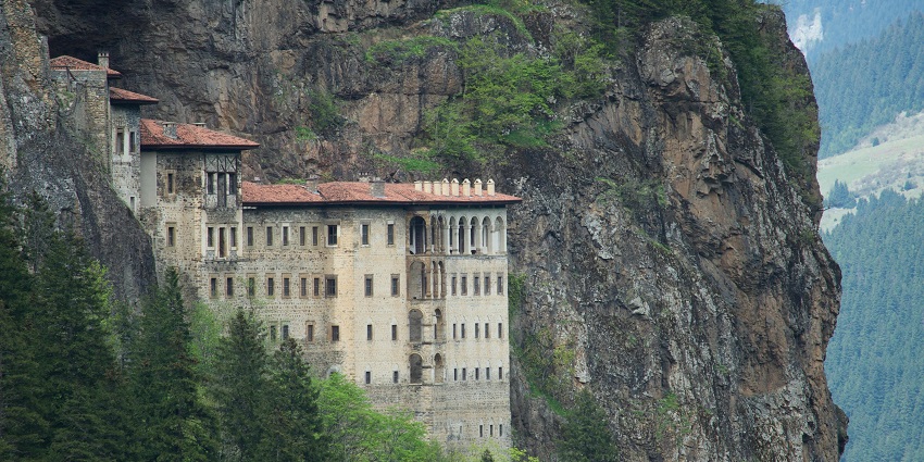 Scenic view of the monastery on hill tracts surrounded by greenery