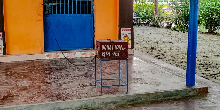 An image depicting a donation box at Biharinath Temple for visitor contributions.