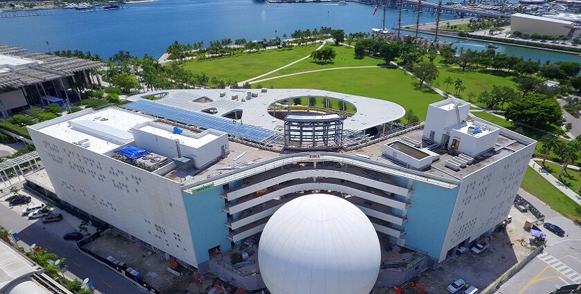 View of the Frost Science Museum's white, futuristic buildings from MacArthur Causeway.