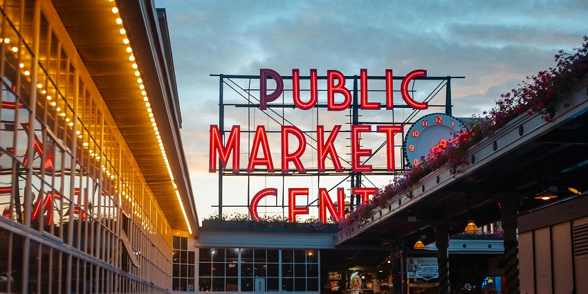 The Pike Place Market which is at the corner of Pike St. and Pike Pl in Seattle.