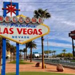 A sign board with Welcome to Fabulous Las Vegas written on it and palm trees behind