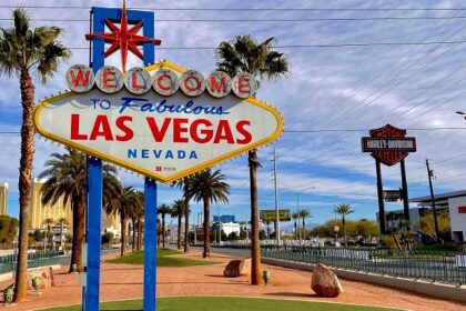 A sign board with Welcome to Fabulous Las Vegas written on it and palm trees behind