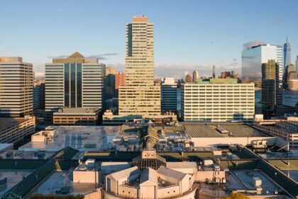 The Three-segment panorama of Newport in New Jersey City, as viewed from Hoboken.