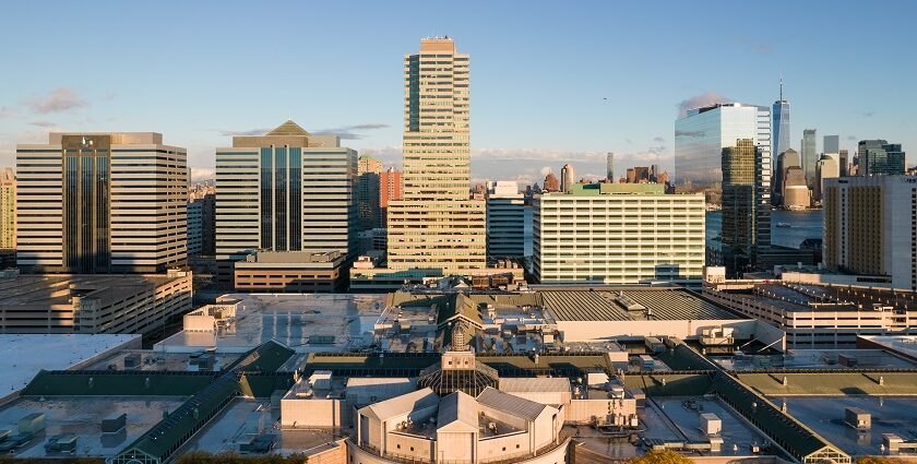 The Three-segment panorama of Newport in New Jersey City, as viewed from Hoboken.