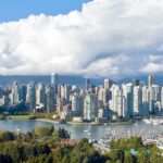 A distant view of the downtown Vancouver skyline showcasing various skyscrapers