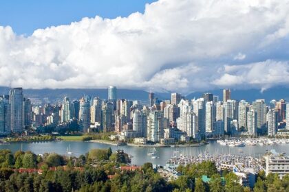 A distant view of the downtown Vancouver skyline showcasing various skyscrapers