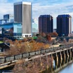 Picture of Richmond, Virginia, With the James River and train trestle in foreground.