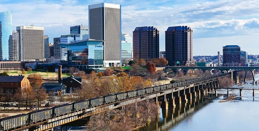 Picture of Richmond, Virginia, With the James River and train trestle in foreground.