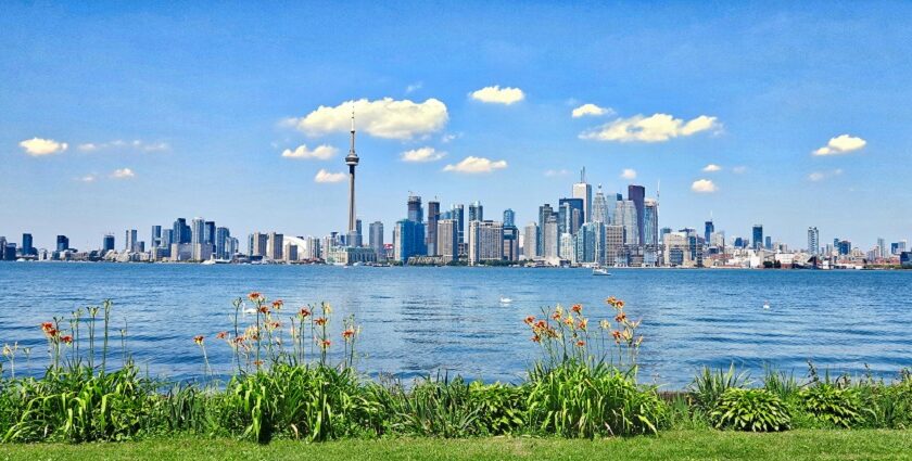 City view of Toronto, Ontario, with many skyscrapers and small buildings from CN tower.