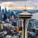 Picture of the aerial view of the City of Seattle taken after sunset in Seattle.