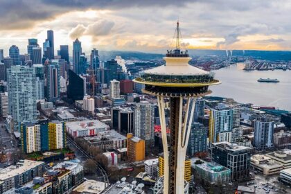 Picture of the aerial view of the City of Seattle taken after sunset in Seattle.