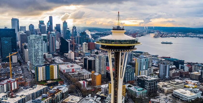 Picture of the aerial view of the City of Seattle taken after sunset in Seattle.