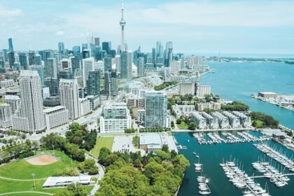 A distant view of the Toronto skyline showcasing the buildings across the water body.