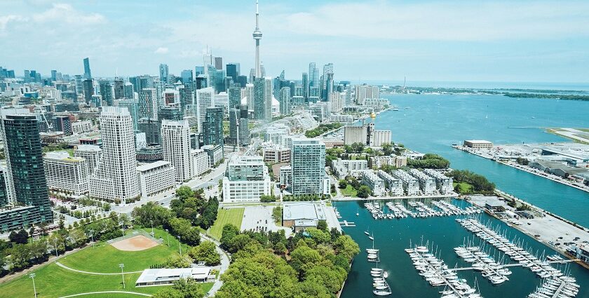 A distant view of the Toronto skyline showcasing the buildings across the water body.