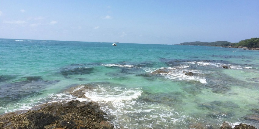 Crescent-shaped beach featuring turquoise waters and natural beauty.