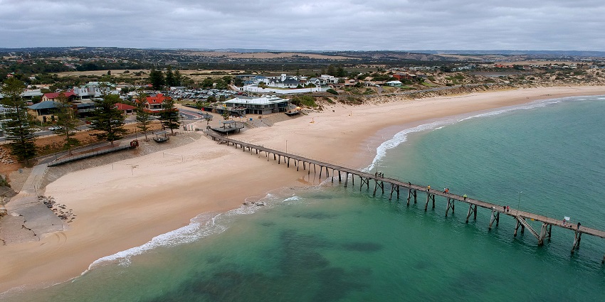 Snapshot of a Long bridge passing over Port Noarlunga in Adelaide near the beach side