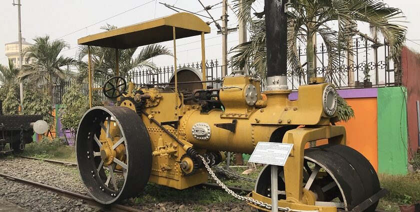 A vintage steam locomotive on display at Rail Museum Howrah, showcasing India's history.