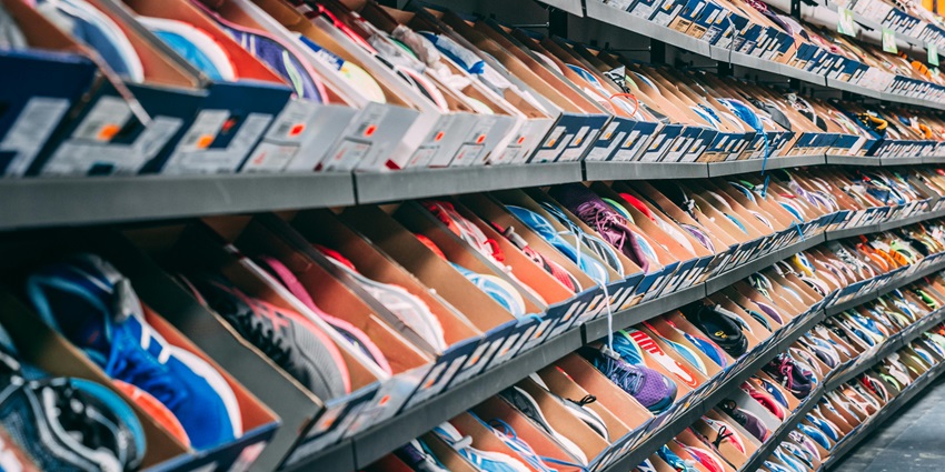 Shoes racked in the shelf in a shopping mall in Agra