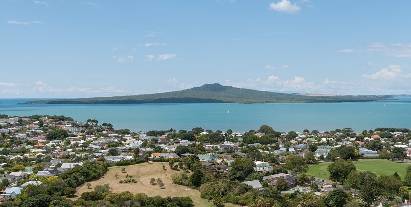 The beautiful Rangitoto Island view from the Mount Victoria Reserve.