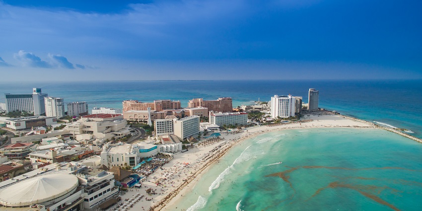 An aerial view of a slightly crowded beach in Cancun, Quintana Roo, Mexico, one of the things to do in Cancun.