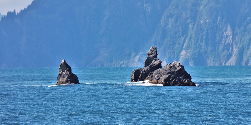 An image of Resurrection Bay glistens, surrounded by snow-capped mountains and serene waters