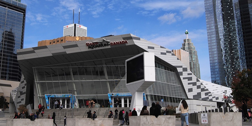 Outer view of the Ripley’s Aquarium building with people sitting and standing outside