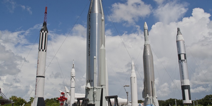 A group of rockets in the garden, amongst the best places near NASA Museum.