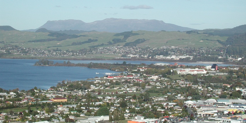 A glimpse of Lake Rotorua and the surrounding Mt.Tawera while skydiving