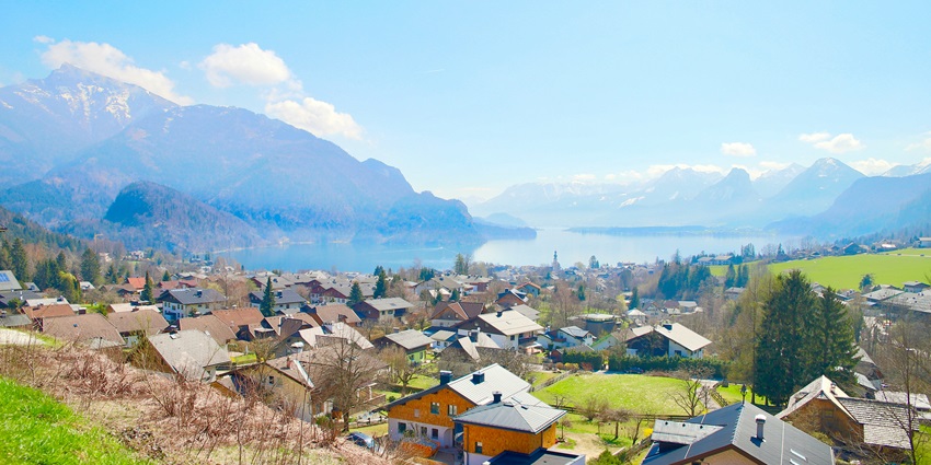 A view of Salzkammergut in Austria offering gorgeous views of Lake Wolfgangsee.