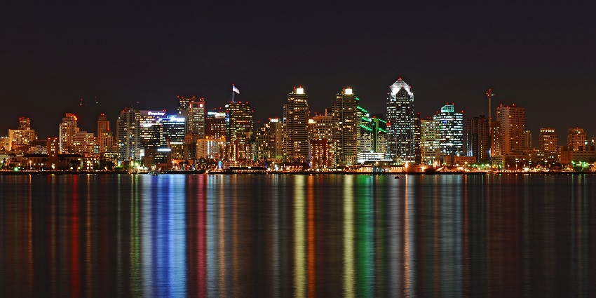 A night shot of the beautiful San Diego City and the lights of the Downtown Sky