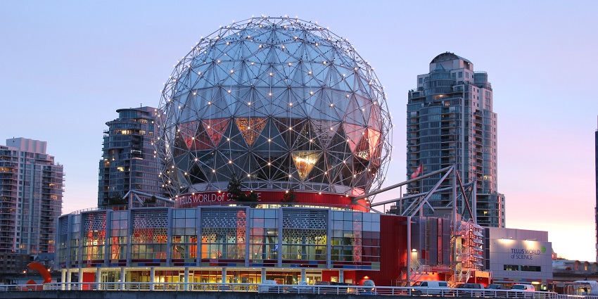 A distant view of the magnificent dome-shaped science world is showcased during the sunset