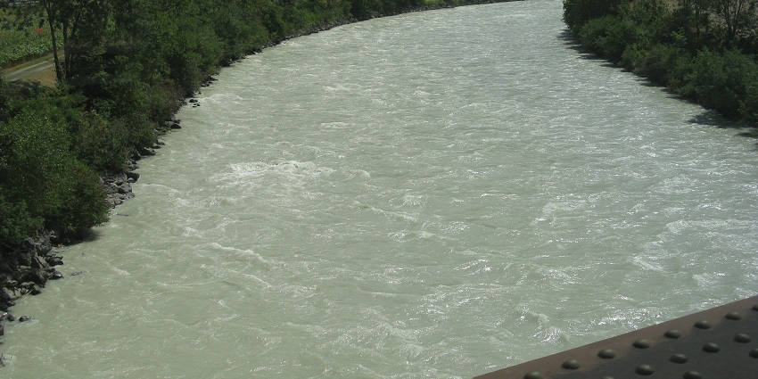 Image of the Rhone River near monthey follow Sentier du Rhône, a scenic Rhone River trail