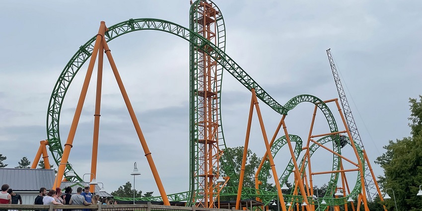 A picture of a roller coaster track at a theme park in New York City