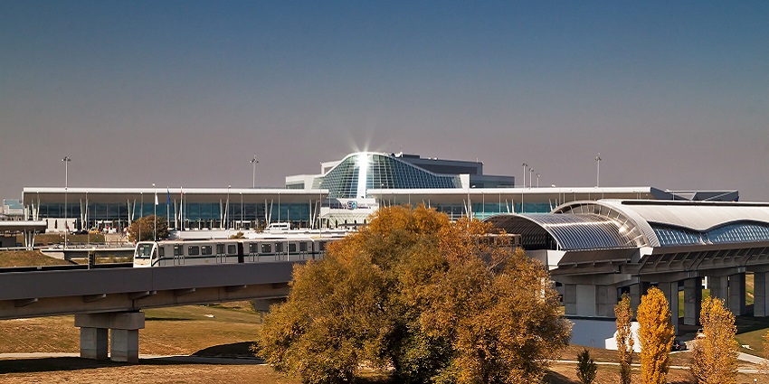 Sofia airport with modern architecture and a railway station directly connected to it
