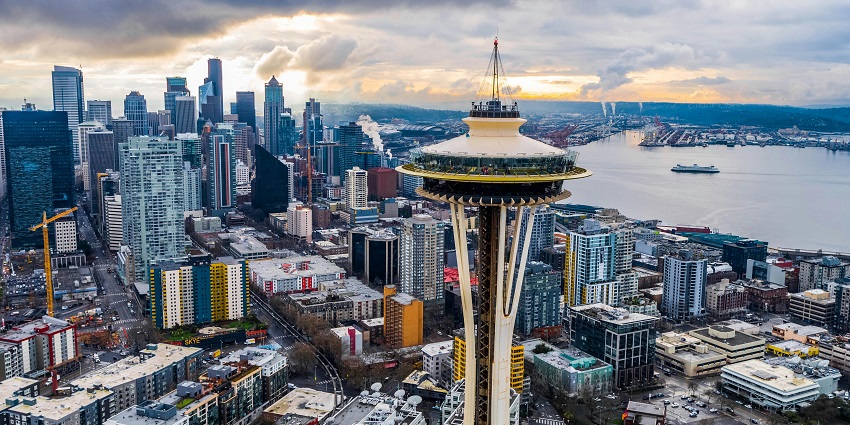 An aerial view of the Space Needle shown as one of the biggest structures in the city