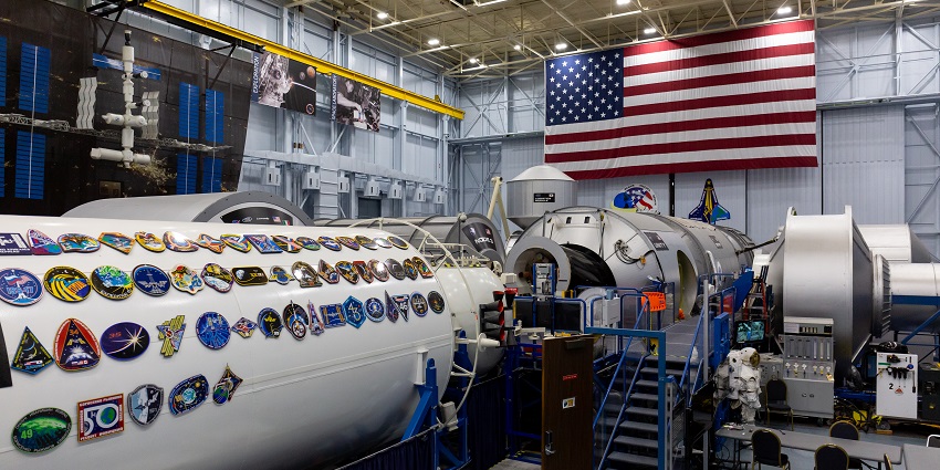 A view of a space vehicle with badges, a tourist attraction near NASA museum, Houston.