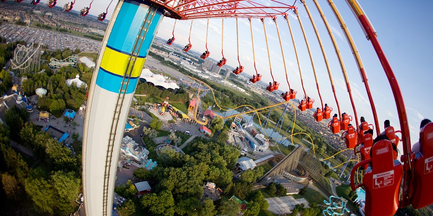 Brightly coloured Riptide Racer slides at Splash Works, Canada’s Wonderland park.
