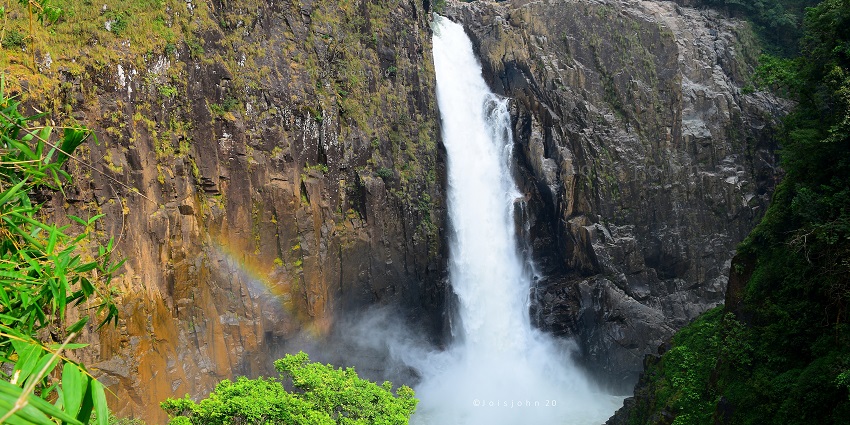 Scenic waterfall nestled among lush greenery and rocky terrain