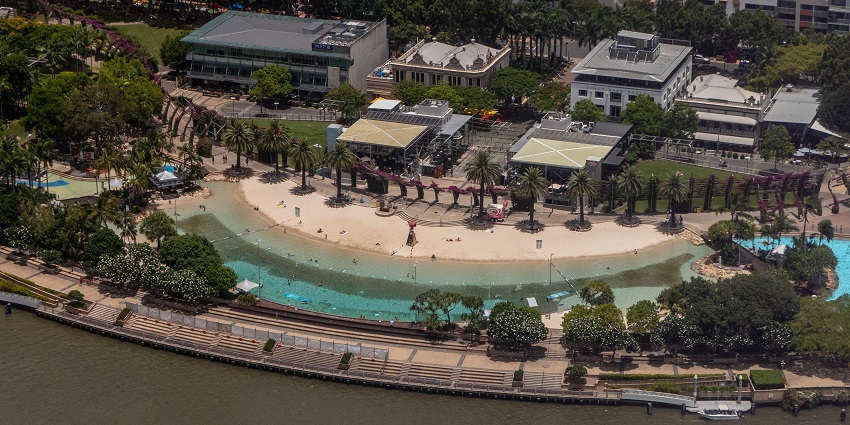 An Aerial view of the famous Streets Beach in Brisbane in Australia