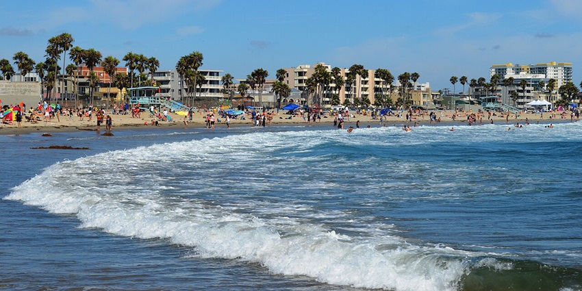Venice Beach with people walking on the sandy beach and enjoying the water and palm trees